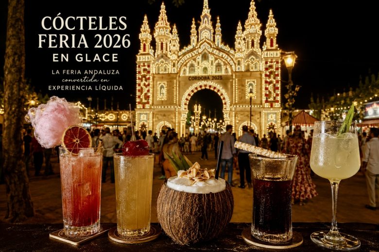 Cócteles de Feria 2026 de Glace frente a la portada iluminada de la Feria de Córdoba con algodón de azúcar, rebujito y alta coctelería andaluza.